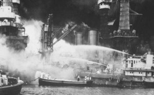 The USS West Virginia burns in Pearl Harbor.  From Credo Reference